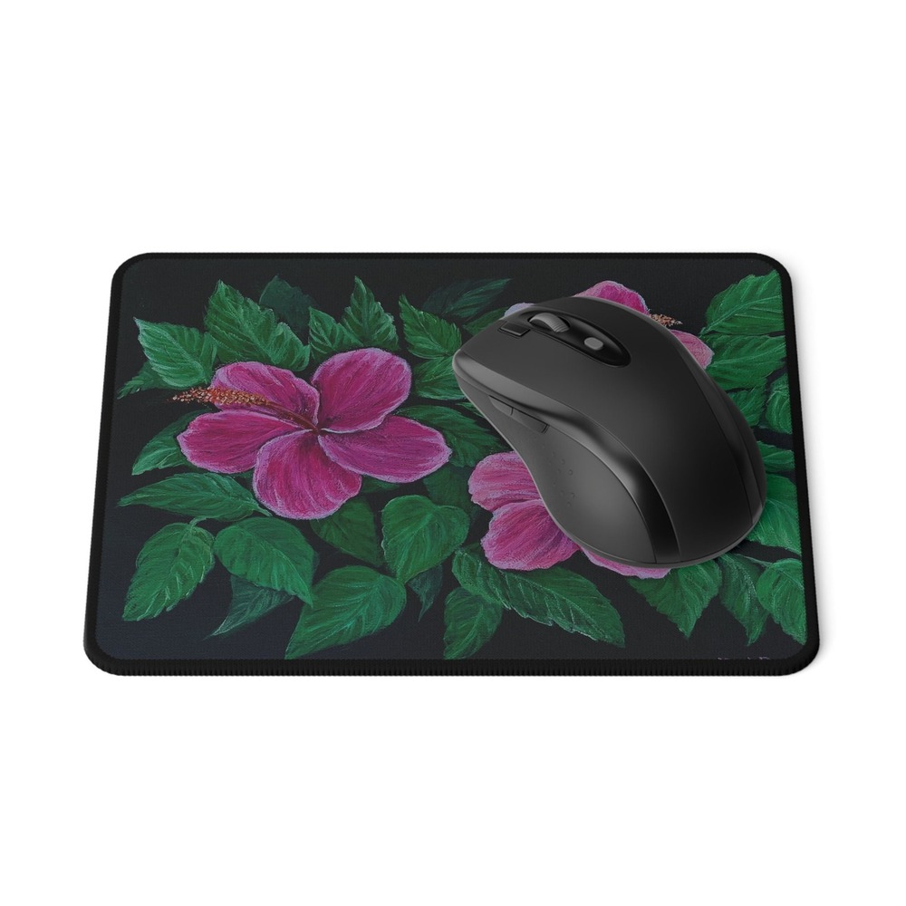 Pink Hibiscus Blooms Mouse Pad Non Slip Floral Art Gaming Desk Accessory 9.5x8